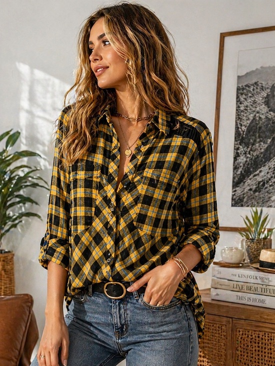 Free People Tops - Free People Yellow Plaid Snap-Down Lace-Up Shoulders Boho Flannel Shirt Medium
